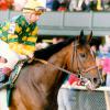 Summer Squall with Pat Day up headed to the gate for the start of the Preakness.